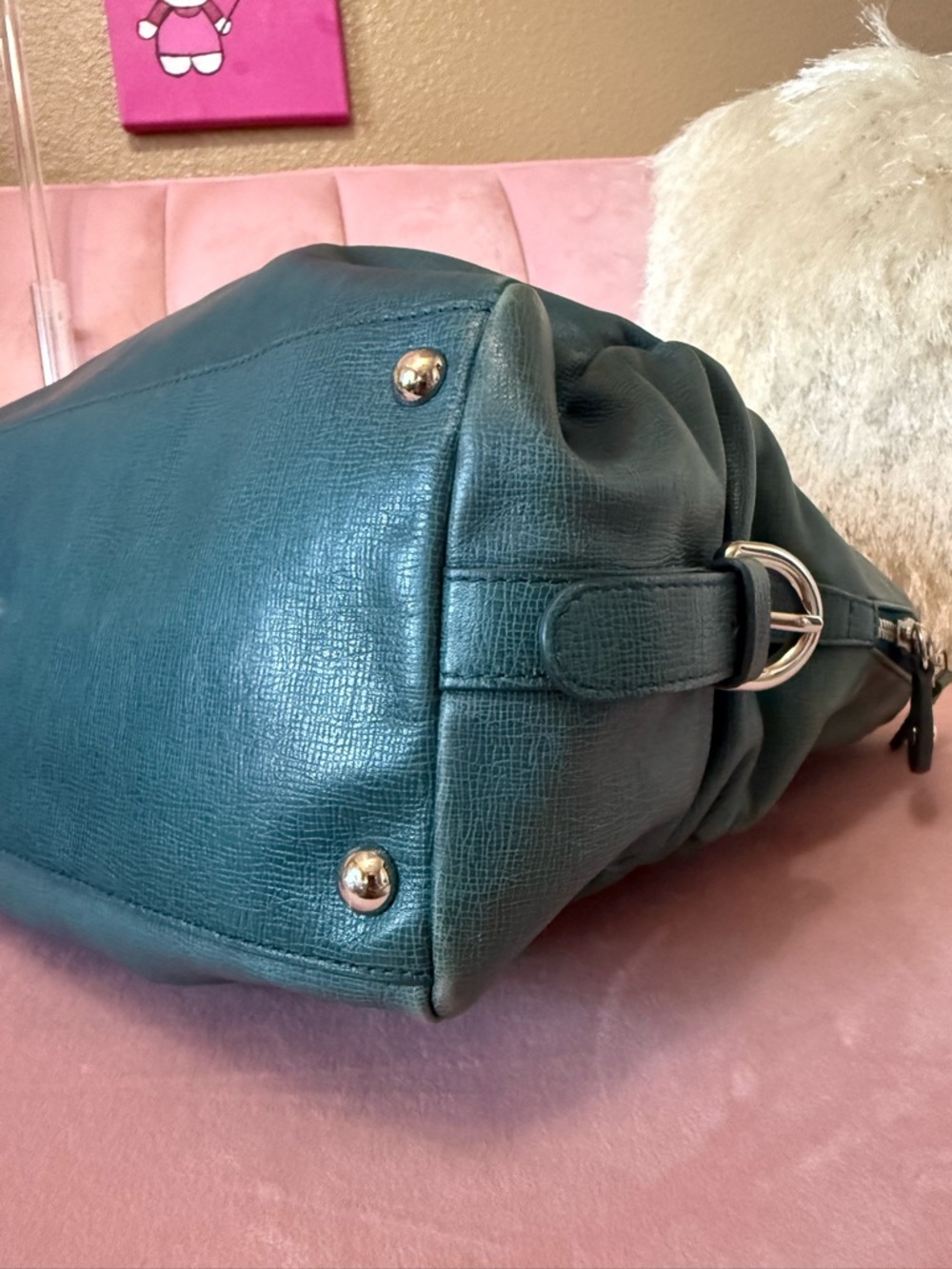 Authentic FURLA Teal Green Leather Satchel Shoulder Bag w Silver Hardware - Picture 10 of 16